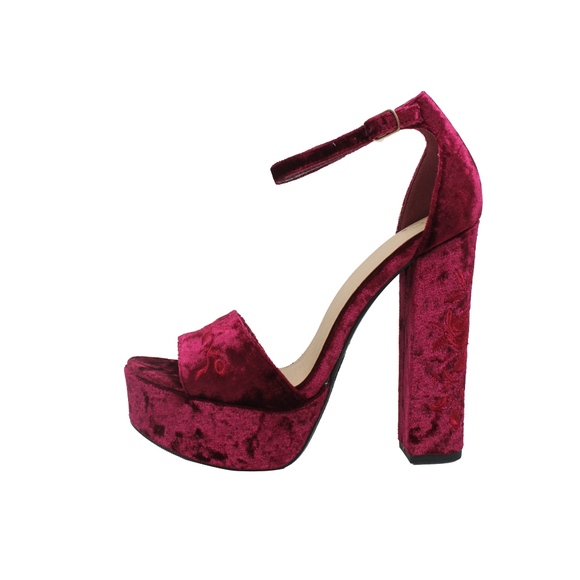 Burgundy Velvet Open Toe Ankle Strap Platform Heel - Picture 2 of 5